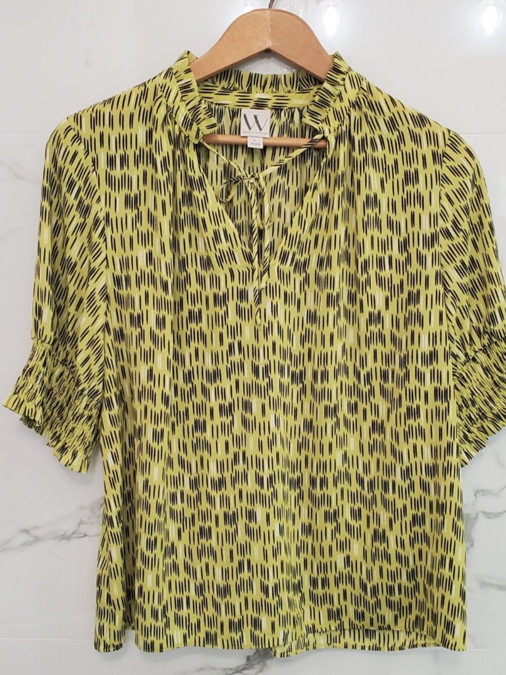 Worthington Women’s Large Yellow Black Print Tie-Neck Blouse Smocked Cuffs Boho